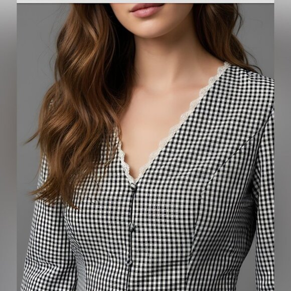 Shepherd Check Lace Cap Sleeve Single Button Blouse - Picture 3 of 8
